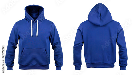 Men's blue blank hoodie template,from two sides, natural shape on invisible mannequin, for your design mockup for print,clipping path , cutout 