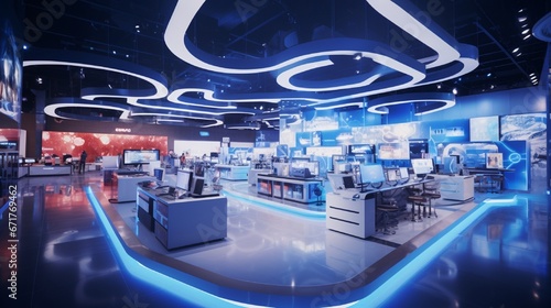 A tech gadget emporium gleaming with sterile whites and blues, iPads for customer service, and a wall of television screens displaying vivid imagery.