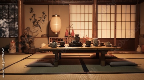 A traditional Japanese tea room adorned with tatami mats, a low table, and intricate tea ceremony utensils.