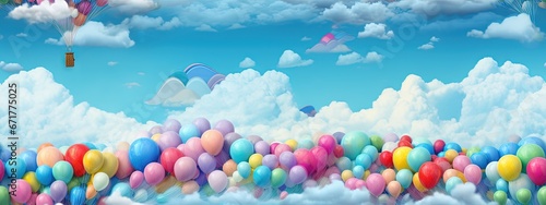 Feutrage abstrait broderie pour enfants imprimé ballons colorés aéronautes dans un paysage de couleurs vives, ciel bleu sur fond de nuages mignons dégradés. IA générative, IA