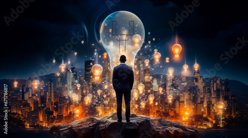 Homme devant des milliers d'ampoules allumées - Concept de l'homme d'affaires cherchant la bonne solution