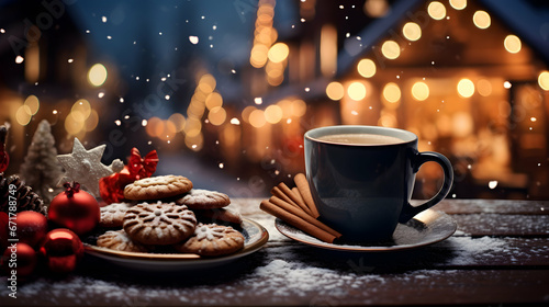 Christmas background with cup of hot coffee cacao against holiday market. Colorful bokeh, magic lights on evening. Copy space. Seasonal banner, wallpaper. Generative ai.