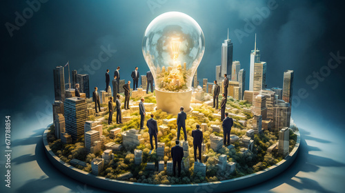 Hommes d'affaires et collaborateurs autour d'une ampoule géante, concept de solution