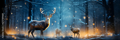 Reindeers in winter panoramic with snow covered fir branches, christmas forest snowy background, generative ai