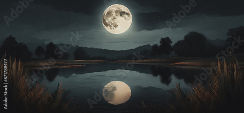 illustrazione di paesaggio notturno con grande luna piena che si riflette nelle acque calme di uno stagno