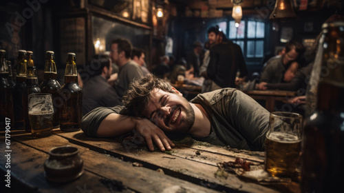 Drunk man lying laughing on the wooden table of a bar / pub, in the background partying people having fun