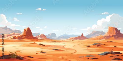Background of Desert landscape with blue sky, sand, mountain, road, vector illustration