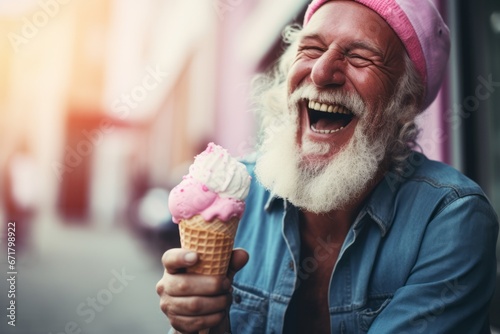 Close up portrait of hipster man eating ice cream on cone. Happy smiling face. Creative fun composition.