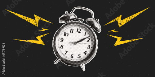 Halftone collage alarm clock. Punk doodle lightning. Grunge black background with noise texture. Deadline concept. Contemporary vector design.