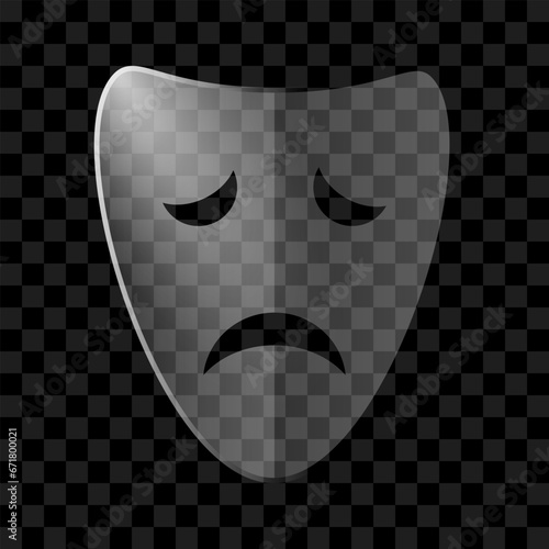 Sad mask. Tragic theatrical mask with a transparent effect. Transparent masquerade mask. Vector transparent mask