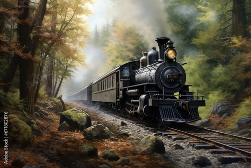 classic steam locomotive train watercolor clipart for backgrounds. A printable wallpaper background with an oil painting texture.
