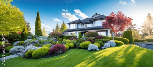 Stunning sunny day with landscaped luxury home exterior