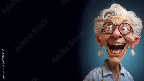 Mature woman with eyeglasses having a big smile, 3D cartoon illustration, isolated on a dark blue background, copy space