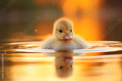 cute duckling bathing in the river on blurred background of sunlight