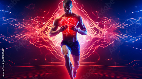 Man running with blood flow visualized in arteries and healthy heart.