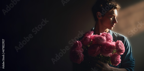 Non-binary person holding a bouquet of peonies, free extra space for text, dark background, pink roses
