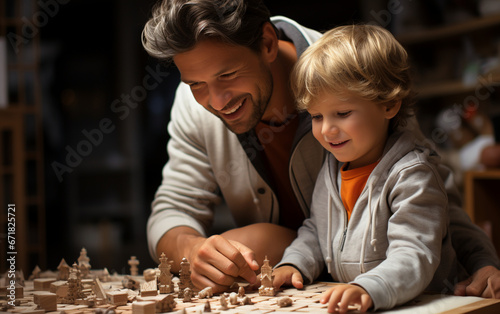 radośni ojciec i syn razem bawią się klockami
