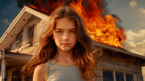 Smiling little girl and burning house - revenge or envy concept