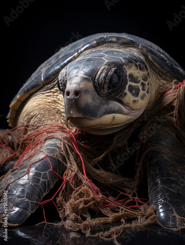 Kemp's ridley turtle, entangled in a fishing net, dark mood, highlighting the plight of endangered species