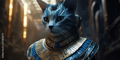 Close-up of a feline-like alien with radiant blue fur and large, almond-shaped golden eyes, wearing an ancient Egyptian beaded collar and headdress, against hieroglyph-etched walls