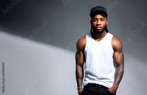 Casually dressed rapper in a baseball cap and tank top. Portrait of a hip hop artist with copy space