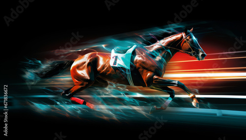 a jockey is riding his horse on a dark night