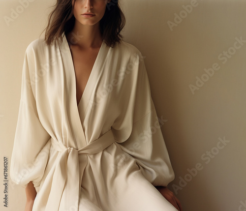 Young woman in white silky bathrobe