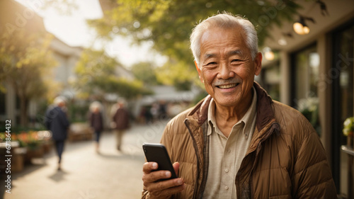 Happy smiling Asian elderly man using his mobile phone in the park , online with his family on a beautiful sunny day, space for text