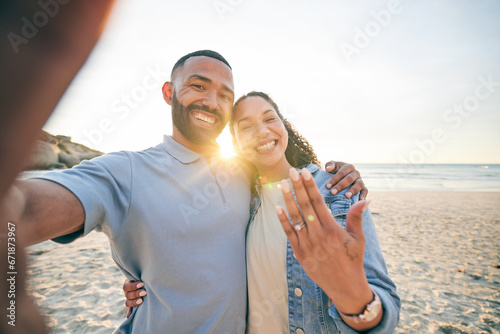 Beach, selfie and couple with engagement ring, happy portrait and celebration of love for social media. Live streaming, video call and excited woman and man for marriage and life together by ocean