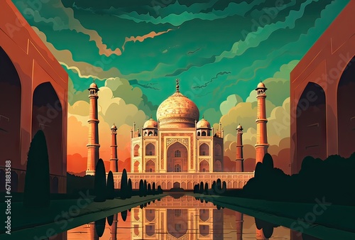 illustration of the taj mahal with complementary colors, the blue and the orange.