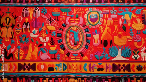 Closeup of a brightly colored Peruvian tapestry, featuring traditional Andean designs and symbols.