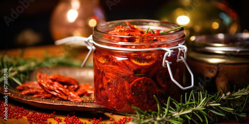 Closeup of a jar of homemade sundried tomatoes, preserved in olive oil and herbs, tied with a sprig of rosemary for a touch of holiday greenery.