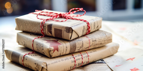 Closeup of a stack of presents wrapped in recycled newspaper, showcasing a creative and ecofriendly alternative to traditional wrapping paper.