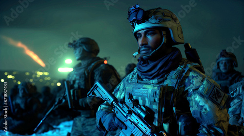 group of soldiers, war and night mission, armed, city lights, anti terror unit or special forces,