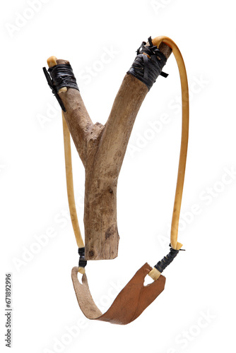 handmade wooden slingshot on cut out background