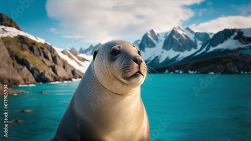 Wild sea lion looking ahead against a backdrop of snowy mountains