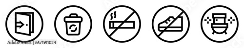 Conjunto de iconos de reglas del hogar. Señaléticas. Cerrar la puerta, desechar la basura, prohibido fumar, zapatos fuera, limpieza de baño. Ilustración vectorial