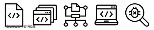 Conjunto de iconos de programación de computadoras. Código fuente, lenguaje de programación, algoritmo, malware. Ilustración vectorial