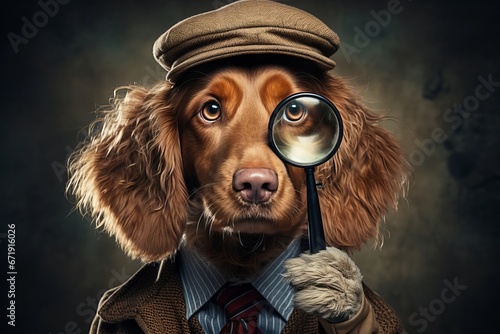 Dog detective holding a magnifying glass