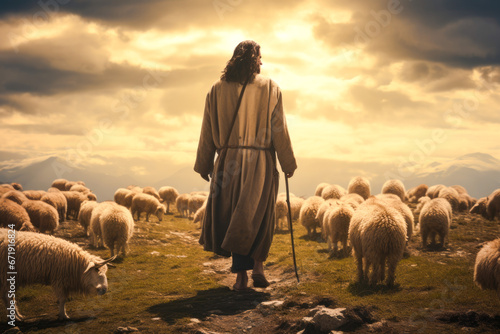Jesus the good shepherd, guiding his sheep. A christian concept