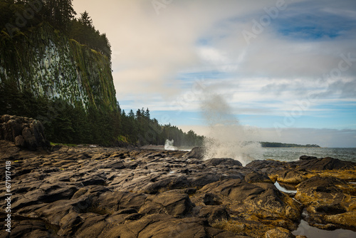 Water rushing up from the blow hole in Naikoon Provincial Park, Haida Gwaii, British Columbia, Canada