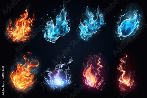 A set of magic power fire and ice lights effects. Isolated on a black background. Magical, sorcery concept