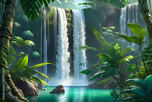 a magnificent view of waterfalls in the jungle Generative AI