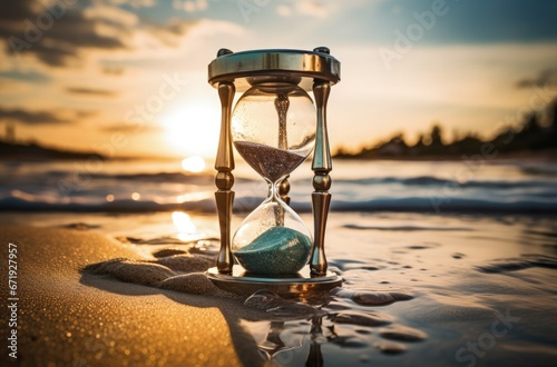 Landscape with golden hourglass on the beach sand, concept of life time and freedom. Generative AI