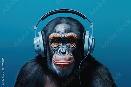 Illustration of chimpanzee with headphones, leisure and entertainment music concept, blue background. Generative AI