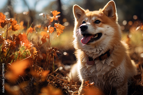 Akita Inu dog on the background of autumn nature. Ai art