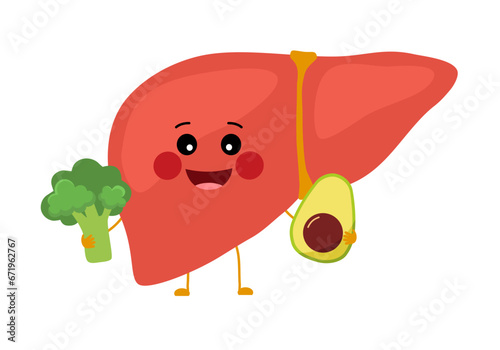Happy healthy liver with vegetable in flat design on white background.