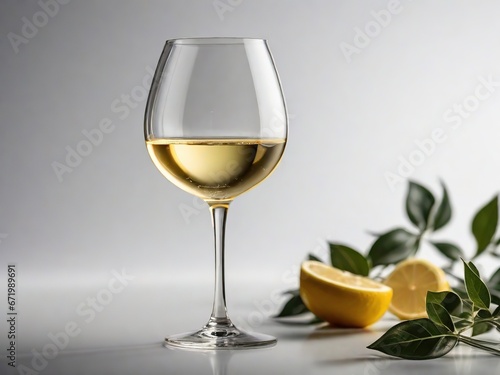 Copa de vino blanco con cítricos alrededor 
