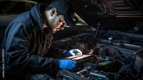 A mechanic works on a car engine in a garage, using tools and skills to repair and maintain the vehicle.close up