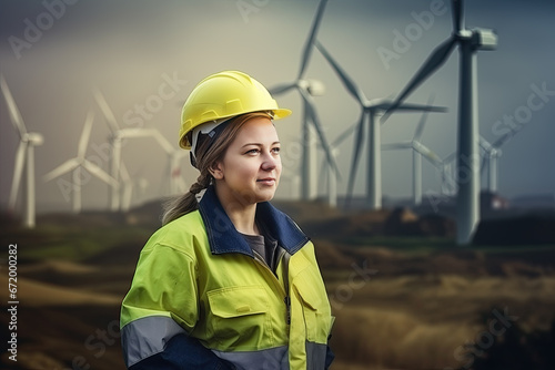Portrait young caucasian engineer woman checking and examining windmill generator power wind for renewable, electricity power with sustainable, technician and technology, generative ai.